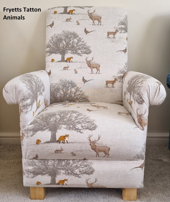Fryetts Woodland Animals Fabric Children s Chair Kids Armchair Owl Fox Beige Nursery Bedroom Jade Green Ochre Burnt Orange Girls Boys Seat Etsy UK