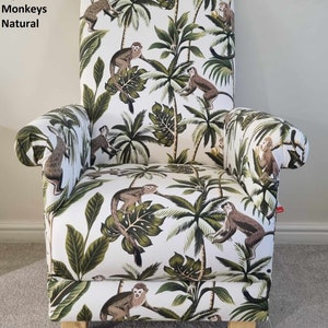 Fryetts Monkeys Fabric Adult Chair Armchair Jungle Animals Apes Grey Ochre Natural or Teal Safari Nursery Nursing Small Bedroom Accent Chimp