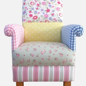 Laura Ashley Patchwork Fabric Adult Chair Pink Blue Gingham Lemon Spot Green Floral Shabby Chic Armchair Nursing Small Accent Statement New