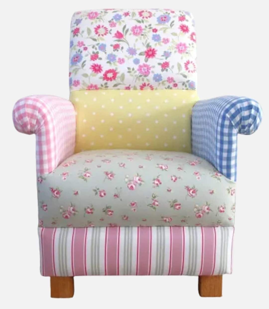 Laura Ashley Patchwork Fabric Adult Chair Pink Blue Gingham Lemon Spot Green Floral Shabby Chic Armchair Nursing Small Accent Statement New