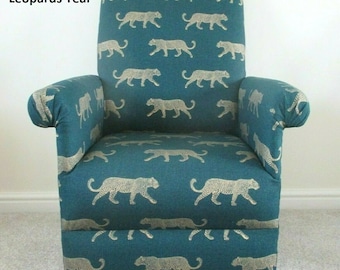 Handcrafted Fryetts Adult Armchair: Teal Leopard Print, Woodland Nursery Accent Chairs Cats