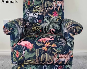 Adult Velvet Armchair Jungle Animals Velour Fabric Chair Tropical Safari Teal Zebras Tigers Nursery Nursing Small Accent Bedroom Black Pink