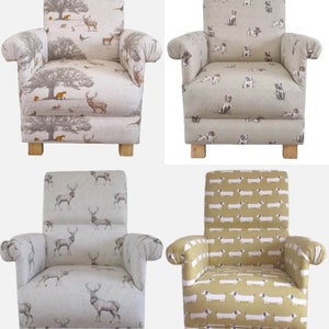 Fryetts Fabric Children's Chairs Armchairs Woodland Animals Tatton Stag Head Glencoe Hound Dogs Ochre Duck Egg Hares Pheasants Grey Beige