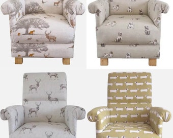 Fryetts Fabric Children's Chairs Armchairs Woodland Animals Tatton Stag Head Glencoe Hound Dogs Ochre Duck Egg Hares Pheasants Grey Beige