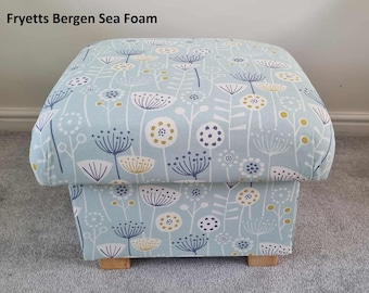 Floral Storage Footstool: Fryetts Bergen Fabric Pouffe Blue Orange Ochre Flowers Ottoman Hassock Flowers