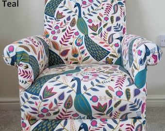 Fryetts Peacocks Ochre Fabric Adult Chair Armchair Mustard Grey Accent Nursery Bedroom Kitchen Seagulls Parrots Jungle Pink Green