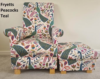 Fryetts Peacocks Fabric Adult Armchair & Footstool Teal Accent Chair Purple Green Ochre Pouffe Nursery