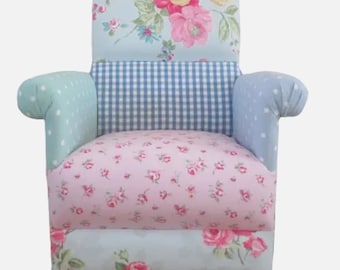 Laura Ashley Patchwork Fabric Child&#39;s Chair Pink Green Spotty Polka Dot Roses  Armchair Bespoke Kids