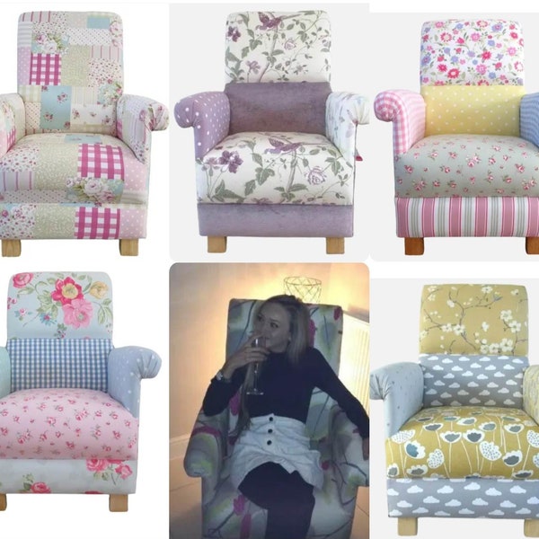 Patchwork Fabric Adult Chairs Armchairs Fryetts Clarke Laura Ashley Pink Mustard Grey Blue Ochre Accent Bedroom Lounge Nursery Kitchen Small