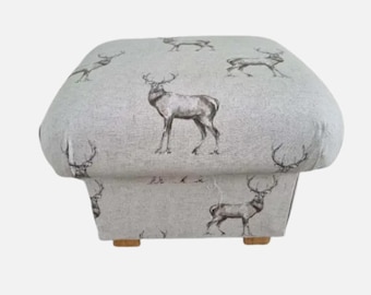 Storage Footstool Fryetts Fabrics Pouffe Footstall Peacocks Patchwork Tatton Animals Glencoe Stag Grey Beige Ochre Mustard Pink