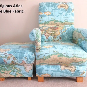 Prestigious Atlas Antique Cream Fabric Adult Chair & Footstool Armchair Pouffe Footstall Small Accent World Map Countries Globe Nursery New