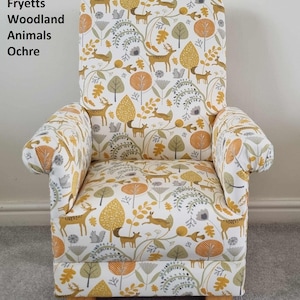 Fryetts Fabric Children&#39;s Chairs Armchairs Woodland Animals Tatton Stag Head Glencoe Hound Dogs Ochre Duck Egg Hares Pheasants Grey Beige