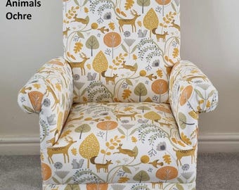 Fryetts Fabric Children&#39;s Chairs Armchairs Woodland Animals Tatton Stag Head Glencoe Hound Dogs Ochre Duck Egg Hares Pheasants Grey Beige