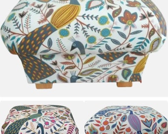 Storage Footstool Fryetts Fabrics Pouffe Footstall Peacocks Patchwork Tatton Animals Glencoe Stag Grey Beige Ochre Mustard Pink