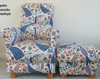 Fryetts Peacocks Fabric Adult Armchair & Footstool: Accent Chair Purple Ochre Green Statement