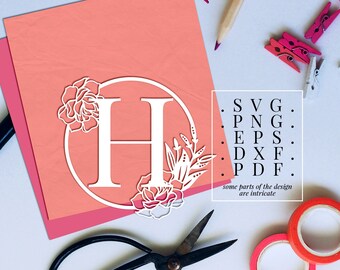 monogram h papercut template, letter H, floral monogram svg, paper cutting, laser cut, floral font clip art, metal design, wedding monogram