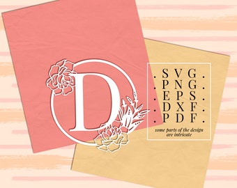 letter d papercut template, monogram D, floral monogram svg, paper cutting, laser cut, floral font clip art, metal design, wedding monogram