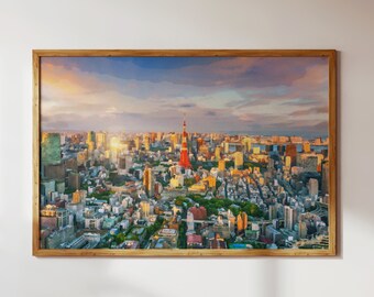 Tokyo Cityscape + Tower at Sunset, Japanese Landscape—Watercolor Style Modern Wall Art + Decor Digital Download to Print for the Home/Gift