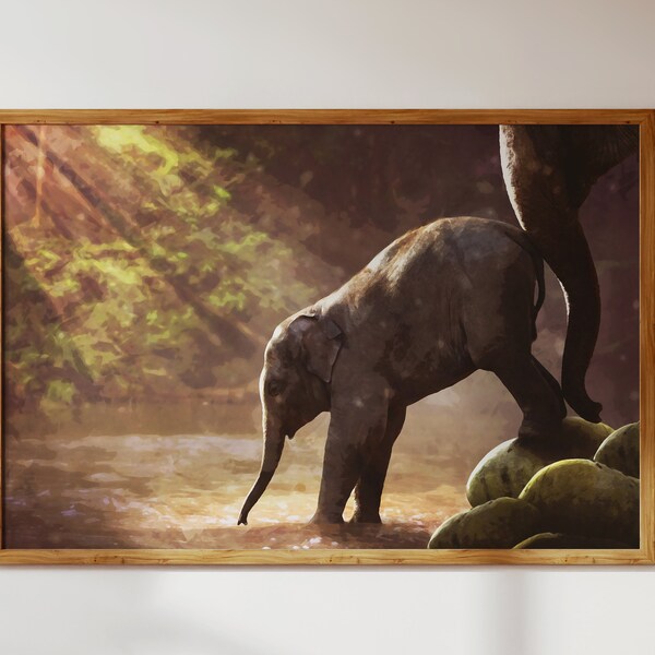 Elephant Mother + Baby Walking into River; Animal Nature/Scenery Landscape—Watercolor Style Modern Wall Art+Decor Digital Download to Print