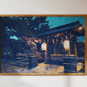 Lantaarns bij de tempelschrijn in Tokio; Japans landschap: moderne muurkunst in aquarelstijl + digitale download van decor om af te drukken voor thuis of om cadeau te doen