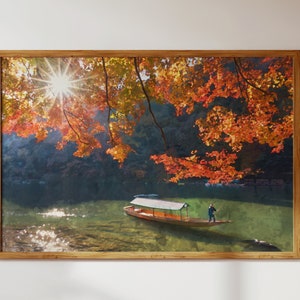 Arashiyama in autunno, paesaggio naturale giapponese con barca sul fiume - stile acquerello, arte murale moderna + decorazione, download digitale per la stampa