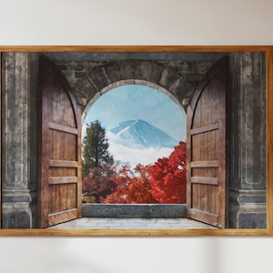 Porte in legno e monte Fuji con foglie di acero autunnali, paesaggio naturale giapponese: arte murale moderna in stile acquerello + decorazioni digitali da scaricare per la stampa