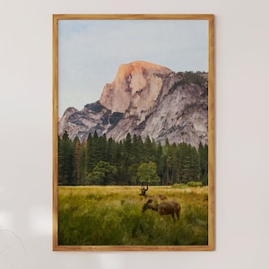 Chevreuil dans le parc de Yosemite avec le Half Dome ; Paysage naturel animalier : art mural moderne de style aquarelle + décoration en téléchargement numérique pour imprimer/offrir