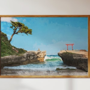Torii-poort op Izu-schiereiland, Japan natuurlandschap - aquarelstijl moderne muurkunst + digitale download decor om af te drukken voor thuis/cadeau