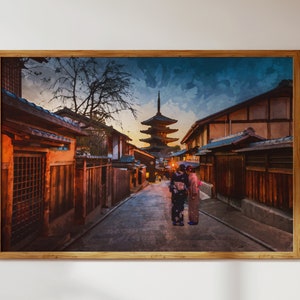 Vieille ville de Kyoto avec yukata et pagode du temple, Japon, paysage naturel : art mural moderne de style aquarelle + décoration en téléchargement numérique à imprimer