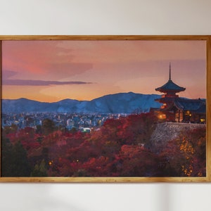 May include: A painting of a Japanese temple with a red roof and a golden spire, set against a backdrop of a city skyline and mountains. The sky is a vibrant orange and pink, suggesting a sunset or sunrise. The temple is surrounded by lush green trees, some of which are turning red and orange, indicating the changing seasons.