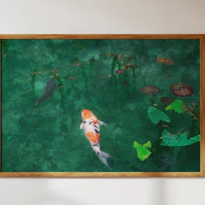 May include: A framed watercolor painting of a koi fish swimming in a pond with lily pads. The water is a deep green color and the fish is orange, white, and black.