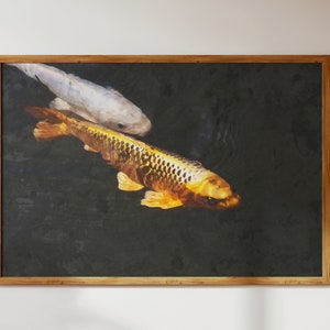 Golden Koi Fish in Pond, Japan Nature Landscape-Watercolor Style Modern Wall Art + Decor Digital Download to Print for the Home or Gifting