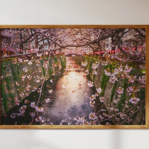 Meguro-Kanal in der Sakura-Saison, Tokyo, Japan Natur-Landschaft - Aquarell-Stil Moderne Wandkunst + Dekor Digitaler Download zum Drucken für zu Hause