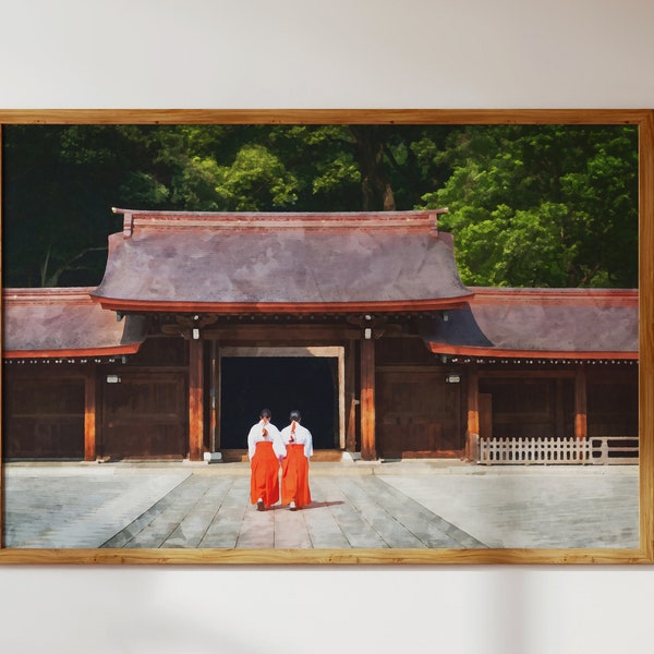 Meiji Shrine in Shibuya, Tokyo with Miko; Japanese Landscape-Watercolor Style Modern Wall Art + Decor Digital Download to Print for the Home