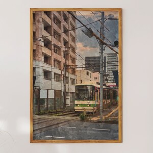 Paisaje urbano de Tokio, Japón: tren en la calle: arte de pared moderno en estilo acuarela + decoración Descarga digital para imprimir para el hogar o regalar