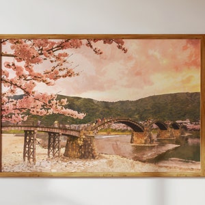 Puente Kintai con cerezos en flor, paisaje natural japonés: arte de pared moderno en estilo acuarela + decoración Descarga digital para imprimir