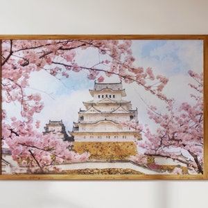 Himeji-kasteel met sakura-kersenbloesembomen, Japans natuurlandschap: aquarelstijl moderne muurkunst + decor digitale download om af te drukken