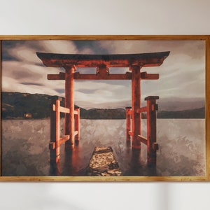 Torii Gate at Hakone Shrine, Japan Nature Landscape - Watercolor Style Modern Wall Art + Decor Digital Download to Print for the Home/Gift