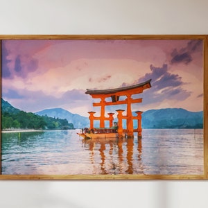 Floating Torii Gate and Boat, Japan Nature Landscape - Watercolor Style Modern Wall Art + Decor Digital Download to Print for the Home/Gifts