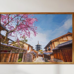 Altstadt Kyoto mit Sakura und Tempel-Pagode, Japan Natur Landschaft—Aquarell Stil Moderne Wand Kunst + Dekor Digitaler Download zum Druck