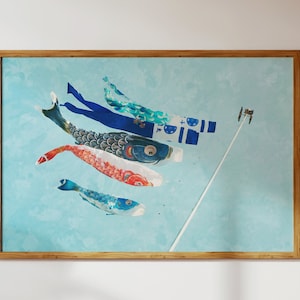 Vlag/streamer Koinobori-karper, Japan natuurlandschap: aquarelstijl moderne muurkunst + digitale download decor om af te drukken voor thuis/cadeau