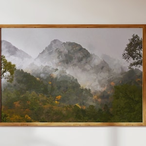 Paysage de montagne, de brouillard et de forêt à Kamikochi, au Japon : oeuvre d'art murale moderne de style aquarelle + décoration en téléchargement numérique à imprimer pour la maison/cadeau