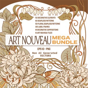 May include: Art Nouveau Mega Bundle graphic with floral and botanical elements. Includes 50 decorative elements, 60 seamless patterns, 50 floral seamless patterns, 130 label frames, 18 decorative compositions, and 15 Art Nouveau tiles.