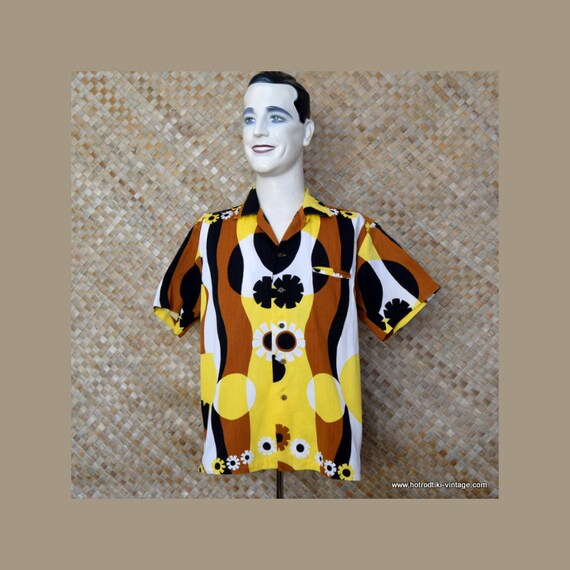 1960s Vintage Mens Brown Yellow Black Hawaiian Shirt Etsy