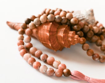 Mala 108 beads in camphor wood and kiwi jasper