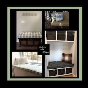 May include: A collage of home decor items, including a bench with storage baskets and a checkered cushion, a window seat with a patterned cushion, and a built-in bench with storage and a plaid pillow. The image also shows decorative pillows.