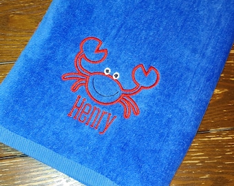 Kids PERSONALIZED BEACH TOWEL ~ Crab ~ Family Vacation Beach Trip / Summer Camp / Pool Party Swim - Choose Lightweight Terry or Velour