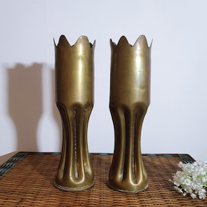 Antique French WW1 Trench Art Shells: 75mm Brass Pair, 1914/15