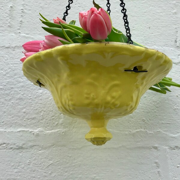 Vintage Ceramic Plant Holder, Hanging Plant Pot, French, Pretty Yellow, Vibrant Hanging Plant or Fruit Holder.