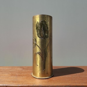 WW1 Trench Art Vase: Engraved German Brass Shell, Dated 1918